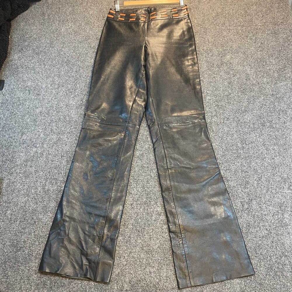 Vintage Cache Black Leather Pants Womens 6 Straight Leg Biker Brown Waist Detail